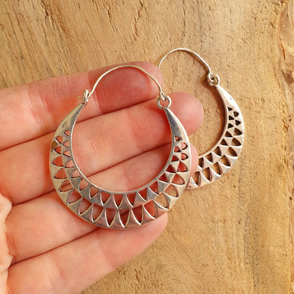 Aztec Hoops Inca Style Silver Earrings; Ethnic, Geometric, rustic, yoga, hippie, gypsy, pretty, psy, boho, bohemian, festival