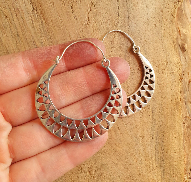 Aztec Hoops Inca Style Silver Earrings; Ethnic, Geometric, rustic, yoga, hippie, gypsy, pretty, psy, boho, bohemian, festival