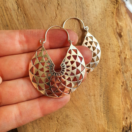 Aztec Hoops Inca Style Silver Earrings; Ethnic, Geometric, rustic, yoga, hippie, gypsy, pretty, psy, boho, bohemian, festival