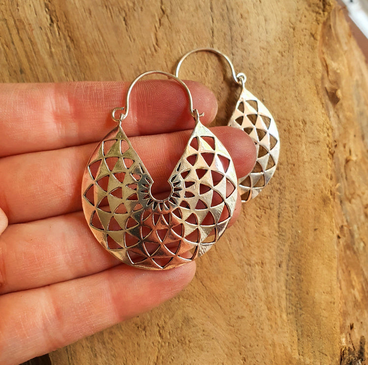 Aztec Hoops Inca Style Silver Earrings; Ethnic, Geometric, rustic, yoga, hippie, gypsy, pretty, psy, boho, bohemian, festival