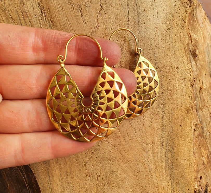 Aztec Hoops Inca Style Brass Earrings; Ethnic, Geometric, rustic, yoga, hippie, gypsy, pretty, psy, boho, bohemian, festival