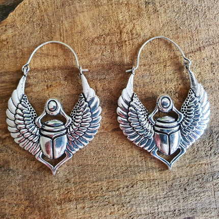 Scarab Silver Beetle Earrings Ancient Egypt ; Ethnic, Geometric, rustic, yoga, hippie, gypsy, pretty, psy, boho, bohemian, festival