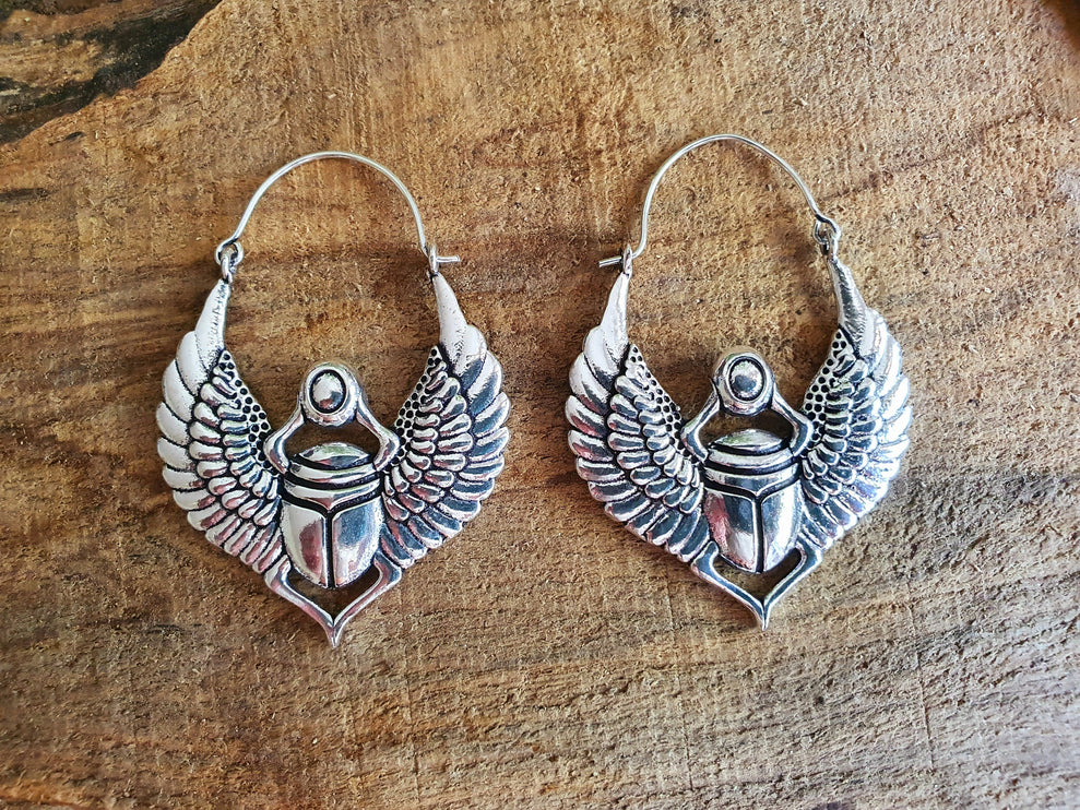 Scarab Silver Beetle Earrings Ancient Egypt ; Ethnic, Geometric, rustic, yoga, hippie, gypsy, pretty, psy, boho, bohemian, festival