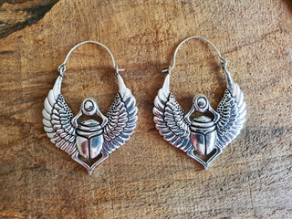 Scarab Silver Beetle Earrings Ancient Egypt ; Ethnic, Geometric, rustic, yoga, hippie, gypsy, pretty, psy, boho, bohemian, festival