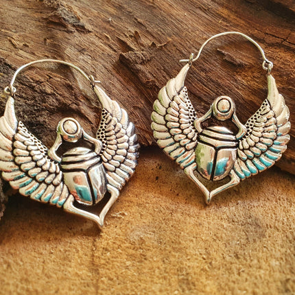 Scarab Silver Beetle Earrings Ancient Egypt ; Ethnic, Geometric, rustic, yoga, hippie, gypsy, pretty, psy, boho, bohemian, festival