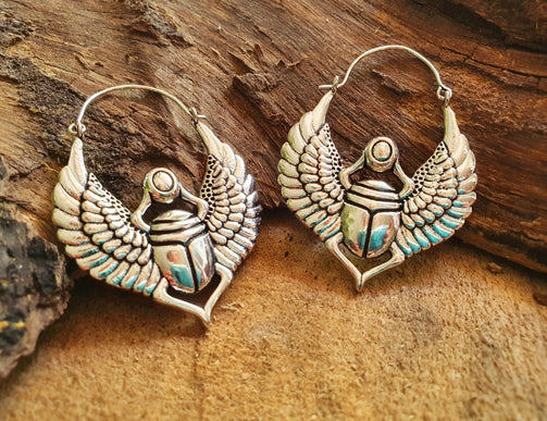 Scarab Silver Beetle Earrings Ancient Egypt ; Ethnic, Geometric, rustic, yoga, hippie, gypsy, pretty, psy, boho, bohemian, festival