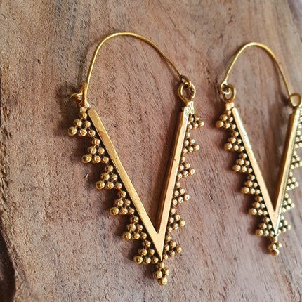 Geometric Tribal Triangle Aztec Style Brass Earrings; Ethnic, Geometric, rustic, yoga, hippie, gypsy, pretty, psy, boho, bohemian, festival