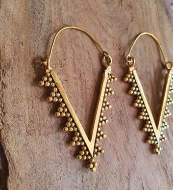 Geometric Tribal Triangle Aztec Style Brass Earrings; Ethnic, Geometric, rustic, yoga, hippie, gypsy, pretty, psy, boho, bohemian, festival