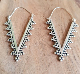 Geometric Tribal Triangle Aztec Style Silver Earrings; Ethnic, Geometric, rustic, yoga, hippie, gypsy, pretty, psy, boho, bohemian, festival