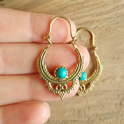 Small Boho Hoops Turquoise Brass Earrings / Triangle / Mandala / Ethnic / Rustic / Yoga / Hippie / Gypsy / Psy / Bohemian / Festival