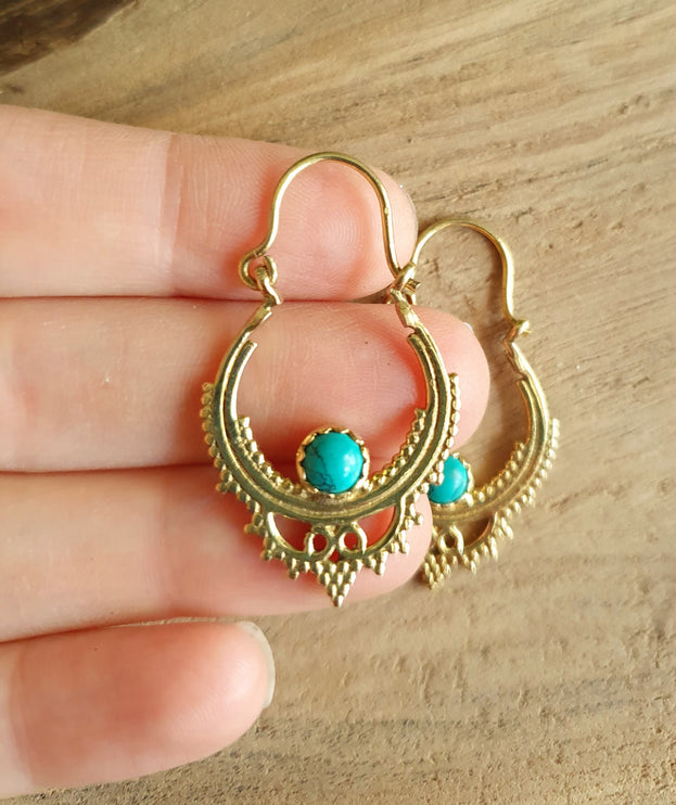 Small Boho Hoops Turquoise Brass Earrings / Triangle / Mandala / Ethnic / Rustic / Yoga / Hippie / Gypsy / Psy / Bohemian / Festival