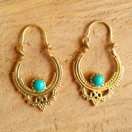 Small Boho Hoops Turquoise Brass Earrings / Triangle / Mandala / Ethnic / Rustic / Yoga / Hippie / Gypsy / Psy / Bohemian / Festival