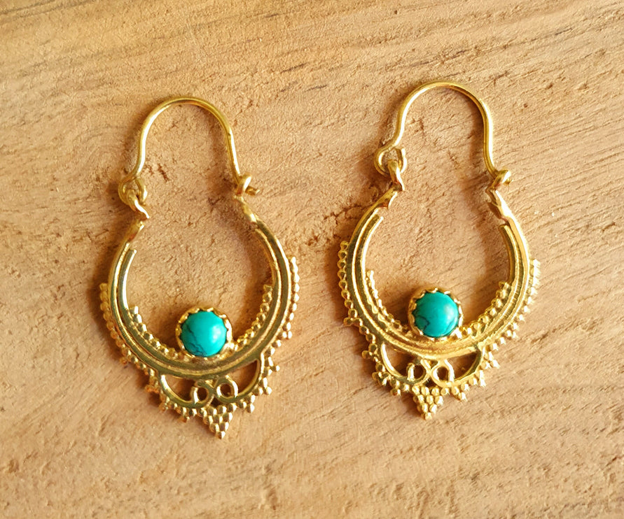 Small Boho Hoops Turquoise Brass Earrings / Triangle / Mandala / Ethnic / Rustic / Yoga / Hippie / Gypsy / Psy / Bohemian / Festival