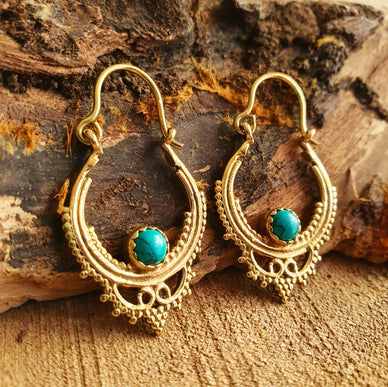 Small Boho Hoops Turquoise Brass Earrings / Triangle / Mandala / Ethnic / Rustic / Yoga / Hippie / Gypsy / Psy / Bohemian / Festival