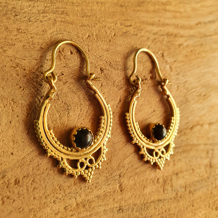 Black Onyx Small Boho Hoops Brass Earrings / Triangle / Mandala / Ethnic / Rustic / Yoga / Hippie / Gypsy / Psy / Bohemian / Festival