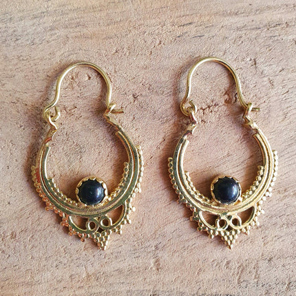 Black Onyx Small Boho Hoops Brass Earrings / Triangle / Mandala / Ethnic / Rustic / Yoga / Hippie / Gypsy / Psy / Bohemian / Festival