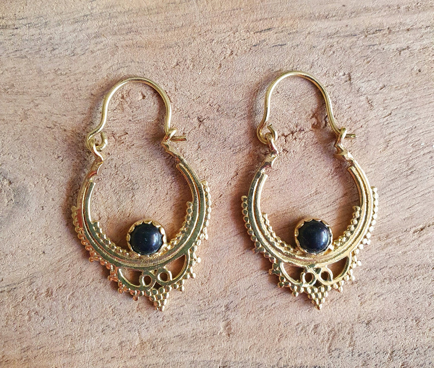 Black Onyx Small Boho Hoops Brass Earrings / Triangle / Mandala / Ethnic / Rustic / Yoga / Hippie / Gypsy / Psy / Bohemian / Festival