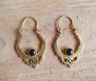 Black Onyx Small Boho Hoops Brass Earrings / Triangle / Mandala / Ethnic / Rustic / Yoga / Hippie / Gypsy / Psy / Bohemian / Festival