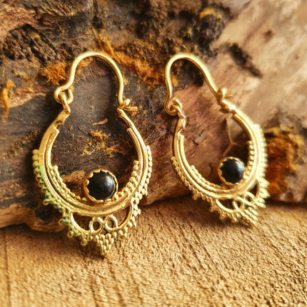 Black Onyx Small Boho Hoops Brass Earrings / Triangle / Mandala / Ethnic / Rustic / Yoga / Hippie / Gypsy / Psy / Bohemian / Festival