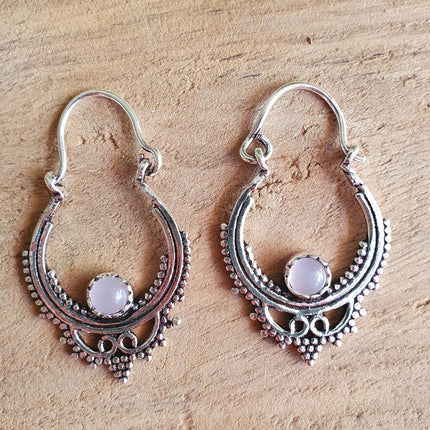 Mini Boho Hoops Rose Quartz Silver Earrings / Triangle / Mandala / Ethnic / Rustic / Yoga / Hippie / Gypsy / Psy / Bohemian / Festival