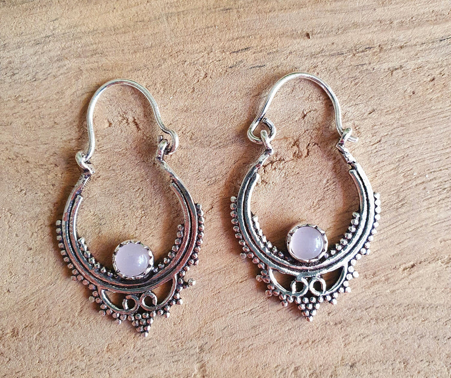 Mini Boho Hoops Rose Quartz Silver Earrings / Triangle / Mandala / Ethnic / Rustic / Yoga / Hippie / Gypsy / Psy / Bohemian / Festival