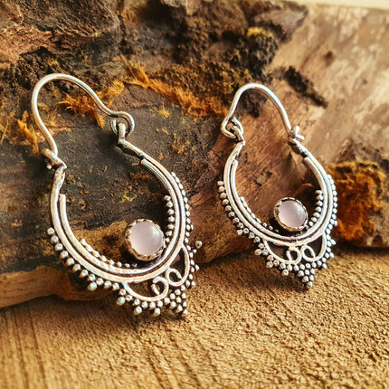 Mini Boho Hoops Rose Quartz Silver Earrings / Triangle / Mandala / Ethnic / Rustic / Yoga / Hippie / Gypsy / Psy / Bohemian / Festival