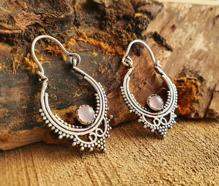 Mini Boho Hoops Rose Quartz Silver Earrings / Triangle / Mandala / Ethnic / Rustic / Yoga / Hippie / Gypsy / Psy / Bohemian / Festival