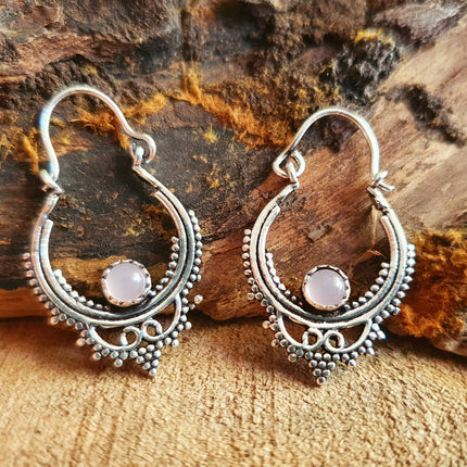 Mini Boho Hoops Rose Quartz Silver Earrings / Triangle / Mandala / Ethnic / Rustic / Yoga / Hippie / Gypsy / Psy / Bohemian / Festival