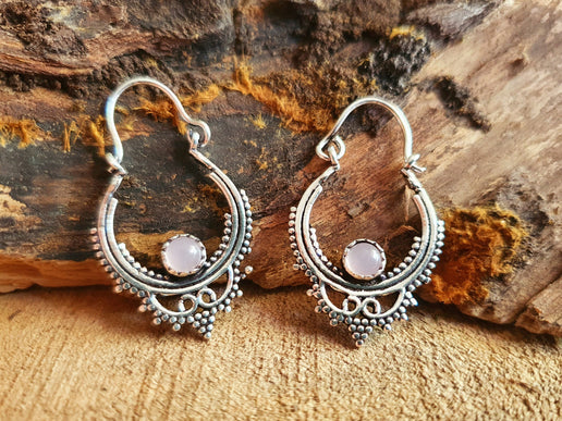 Mini Boho Hoops Rose Quartz Silver Earrings / Triangle / Mandala / Ethnic / Rustic / Yoga / Hippie / Gypsy / Psy / Bohemian / Festival