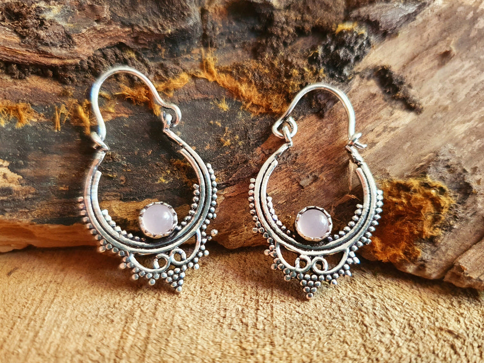 Mini Boho Hoops Rose Quartz Silver Earrings / Triangle / Mandala / Ethnic / Rustic / Yoga / Hippie / Gypsy / Psy / Bohemian / Festival