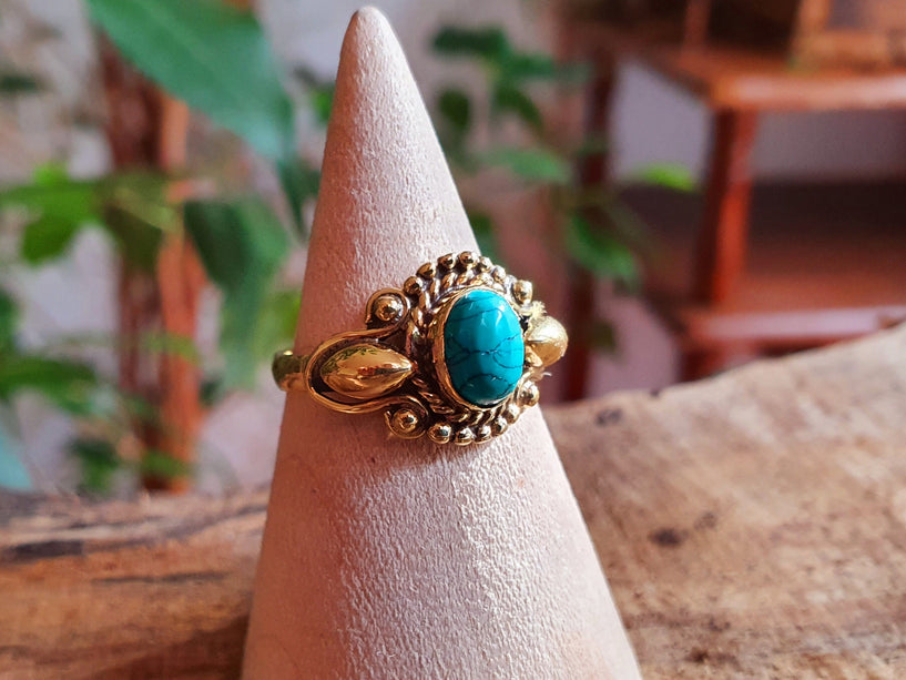 Boho Turquoise Brass Ring / Ethnic / Rustic / Festival / Tribal / Blue / Hippie / Gypsy / Psy / Stone / Healing