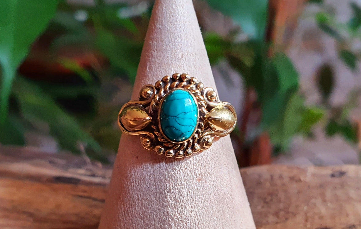 Boho Turquoise Brass Ring / Ethnic / Rustic / Festival / Tribal / Blue / Hippie / Gypsy / Psy / Stone / Healing