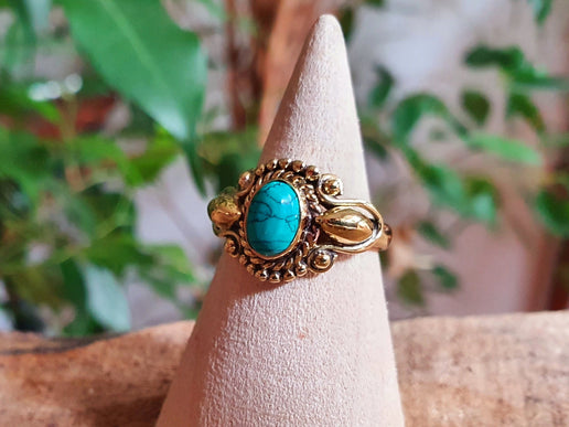 Boho Turquoise Brass Ring / Ethnic / Rustic / Festival / Tribal / Blue / Hippie / Gypsy / Psy / Stone / Healing