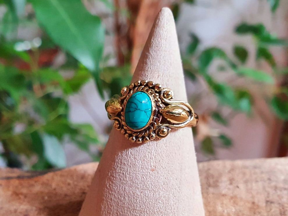 Boho Turquoise Brass Ring / Ethnic / Rustic / Festival / Tribal / Blue / Hippie / Gypsy / Psy / Stone / Healing