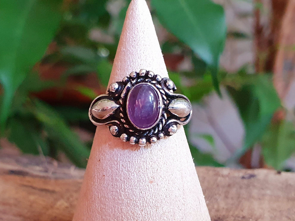 Ethnic style Silver & Amethyst Ring / Moon / Boho / Bohemian / Psy / Rustic / Tribal / Gypsy / Festival / Healing / Festival