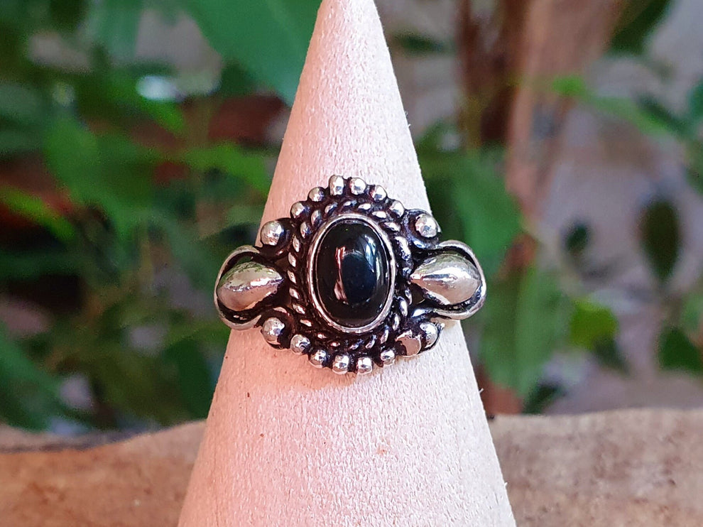 Boho Indian Black Onyx Silver Ring / Ethnic / Rustic / Festival / Tribal / Black / Hippie / Gypsy / Psy / Stone / Healing / Adjustable