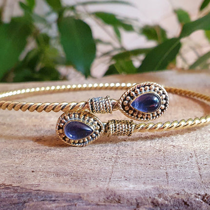 Arm Bracelet Brass & Amethyst / Tribal / Spiral / Boho / Bangle/ Ethnic / Rustic / Bohemian / Hippie / Gypsy / Psy / Adjustable