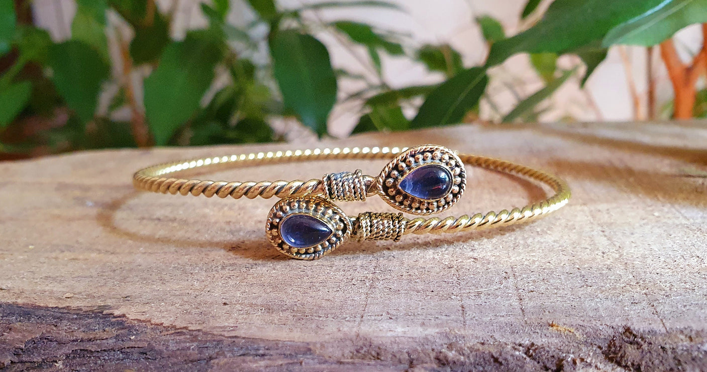 Arm Bracelet Brass & Amethyst / Tribal / Spiral / Boho / Bangle/ Ethnic / Rustic / Bohemian / Hippie / Gypsy / Psy / Adjustable