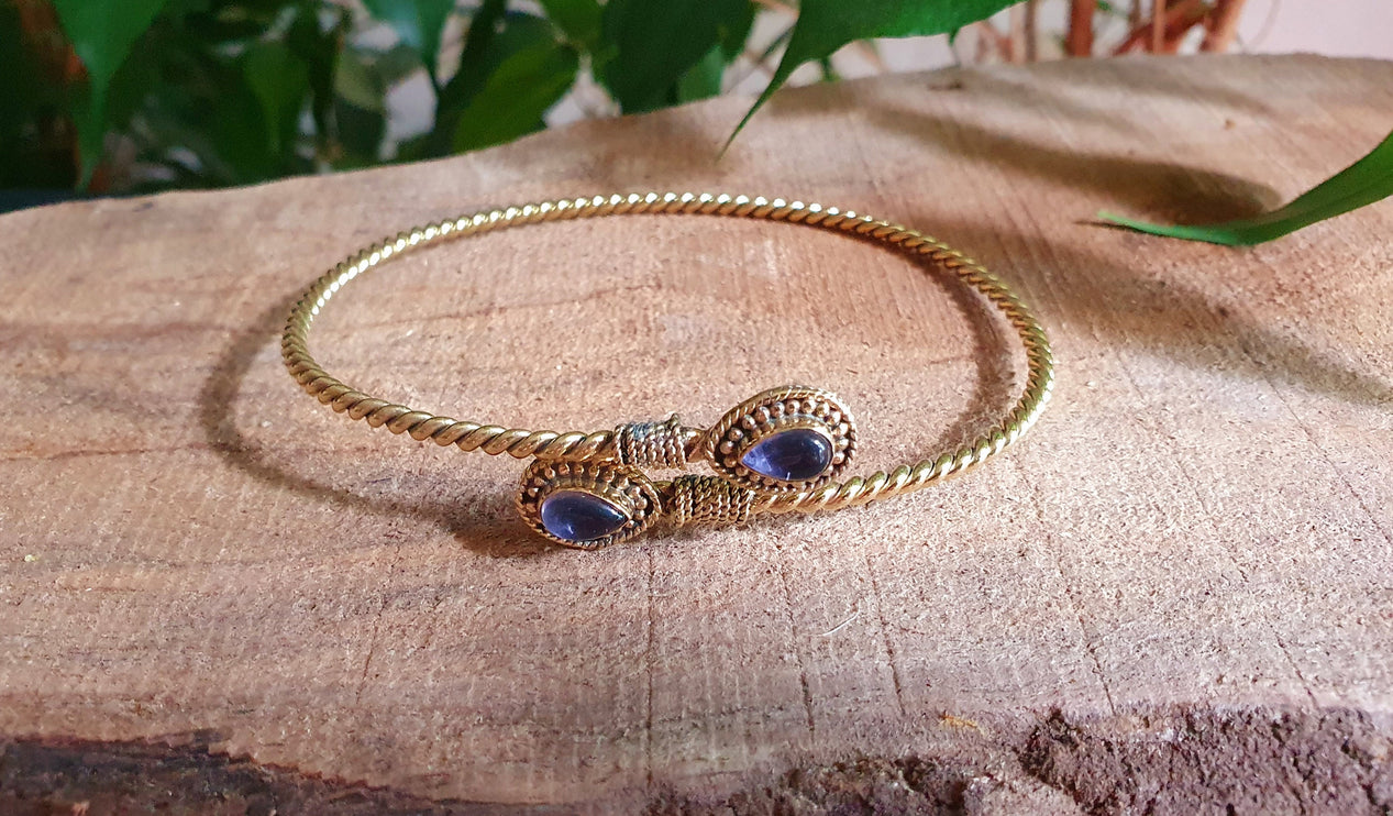 Arm Bracelet Brass & Amethyst / Tribal / Spiral / Boho / Bangle/ Ethnic / Rustic / Bohemian / Hippie / Gypsy / Psy / Adjustable