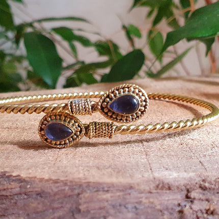 Arm Bracelet Brass & Amethyst / Tribal / Spiral / Boho / Bangle/ Ethnic / Rustic / Bohemian / Hippie / Gypsy / Psy / Adjustable