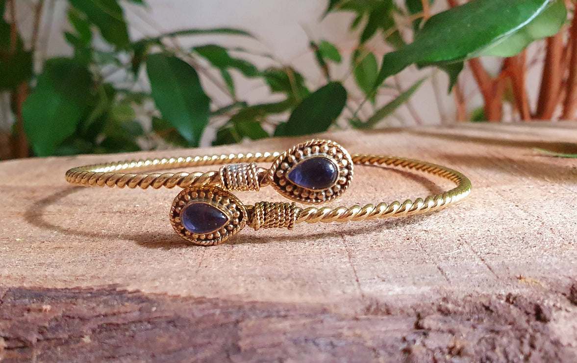 Arm Bracelet Brass & Amethyst / Tribal / Spiral / Boho / Bangle/ Ethnic / Rustic / Bohemian / Hippie / Gypsy / Psy / Adjustable