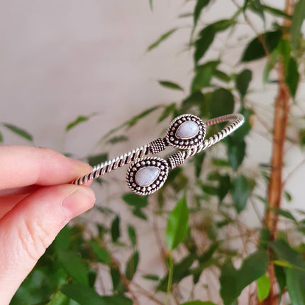 Silver Arm Bracelet Brass & Moonstone/ Tribal / Spiral / Boho / Bangle/ Ethnic / Rustic / Bohemian / Hippie / Gypsy / Psy / Adjustable