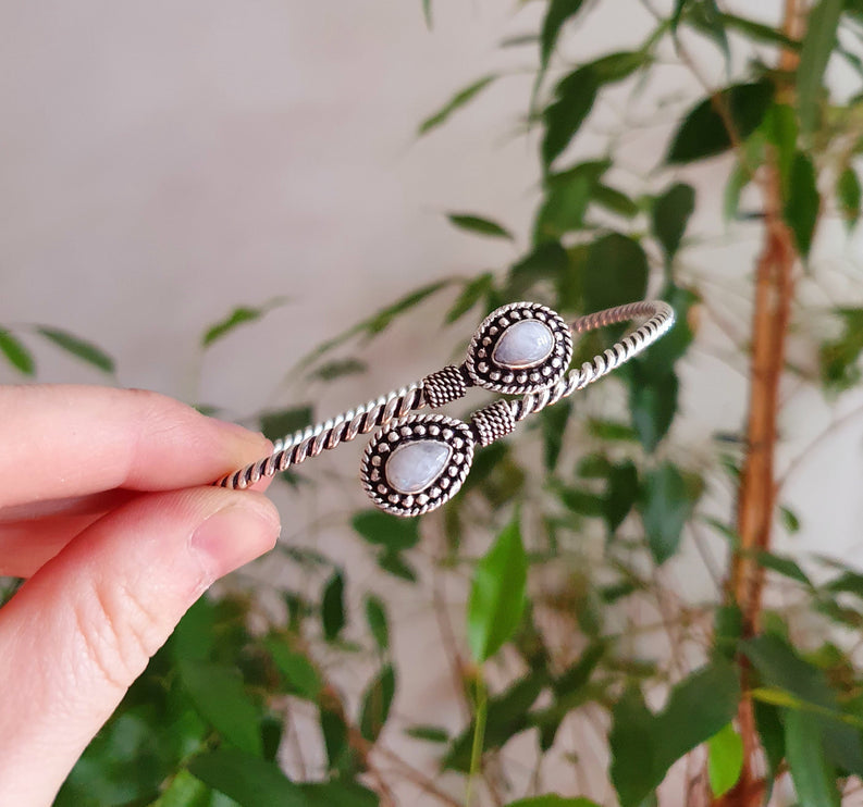 Silver Arm Bracelet Brass & Moonstone/ Tribal / Spiral / Boho / Bangle/ Ethnic / Rustic / Bohemian / Hippie / Gypsy / Psy / Adjustable