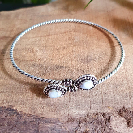 Silver Arm Bracelet Brass & Moonstone/ Tribal / Spiral / Boho / Bangle/ Ethnic / Rustic / Bohemian / Hippie / Gypsy / Psy / Adjustable