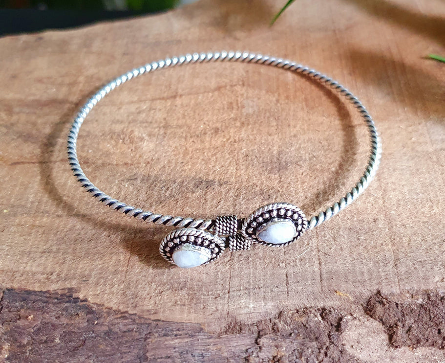 Silver Arm Bracelet Brass & Moonstone/ Tribal / Spiral / Boho / Bangle/ Ethnic / Rustic / Bohemian / Hippie / Gypsy / Psy / Adjustable