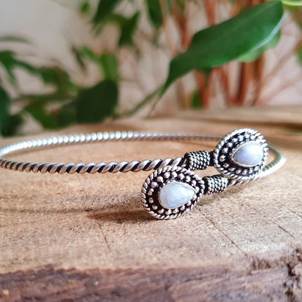 Silver Arm Bracelet Brass & Moonstone/ Tribal / Spiral / Boho / Bangle/ Ethnic / Rustic / Bohemian / Hippie / Gypsy / Psy / Adjustable