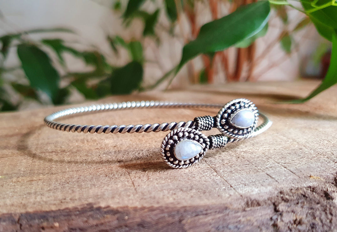 Silver Arm Bracelet Brass & Moonstone/ Tribal / Spiral / Boho / Bangle/ Ethnic / Rustic / Bohemian / Hippie / Gypsy / Psy / Adjustable