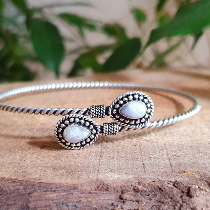 Silver Arm Bracelet Brass & Moonstone/ Tribal / Spiral / Boho / Bangle/ Ethnic / Rustic / Bohemian / Hippie / Gypsy / Psy / Adjustable