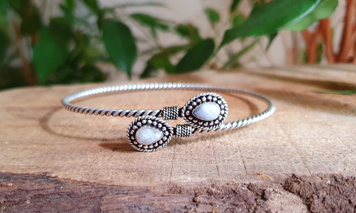 Silver Arm Bracelet Brass & Moonstone/ Tribal / Spiral / Boho / Bangle/ Ethnic / Rustic / Bohemian / Hippie / Gypsy / Psy / Adjustable