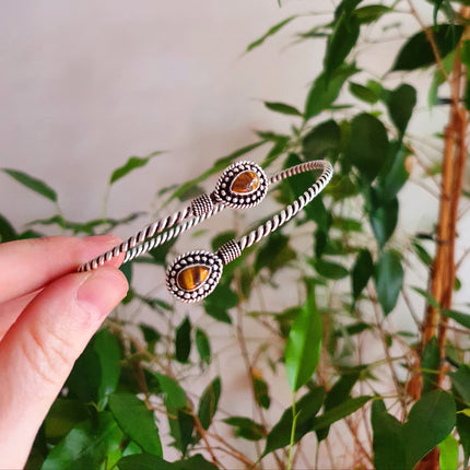 Silver Arm Bracelet Brass & Tiger Eye / Tribal / Spiral / Boho / Bangle/ Ethnic / Rustic / Bohemian / Hippie / Gypsy / Psy / Adjustable